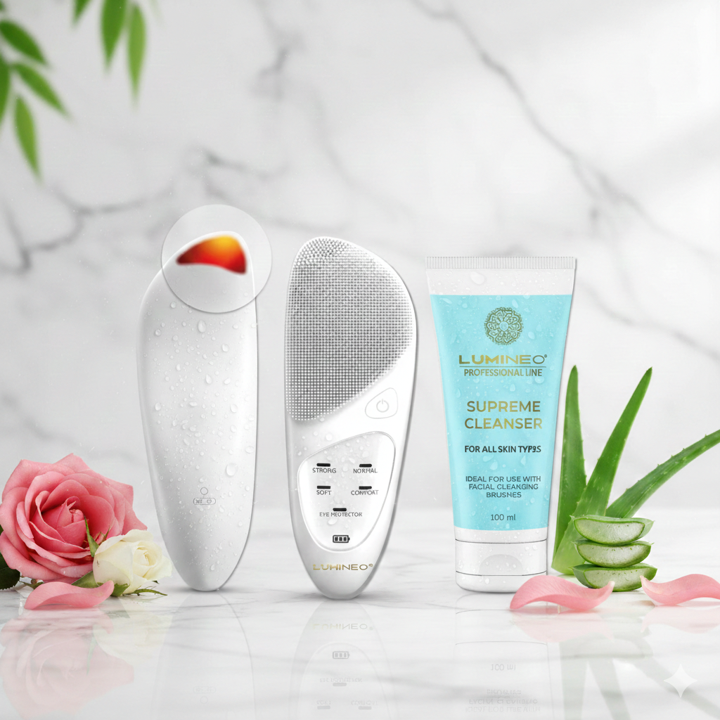 LUMINEO SONIC perlinis veido šepetėlis + valomasis gelis – švarios ir švytinčios odos duetas