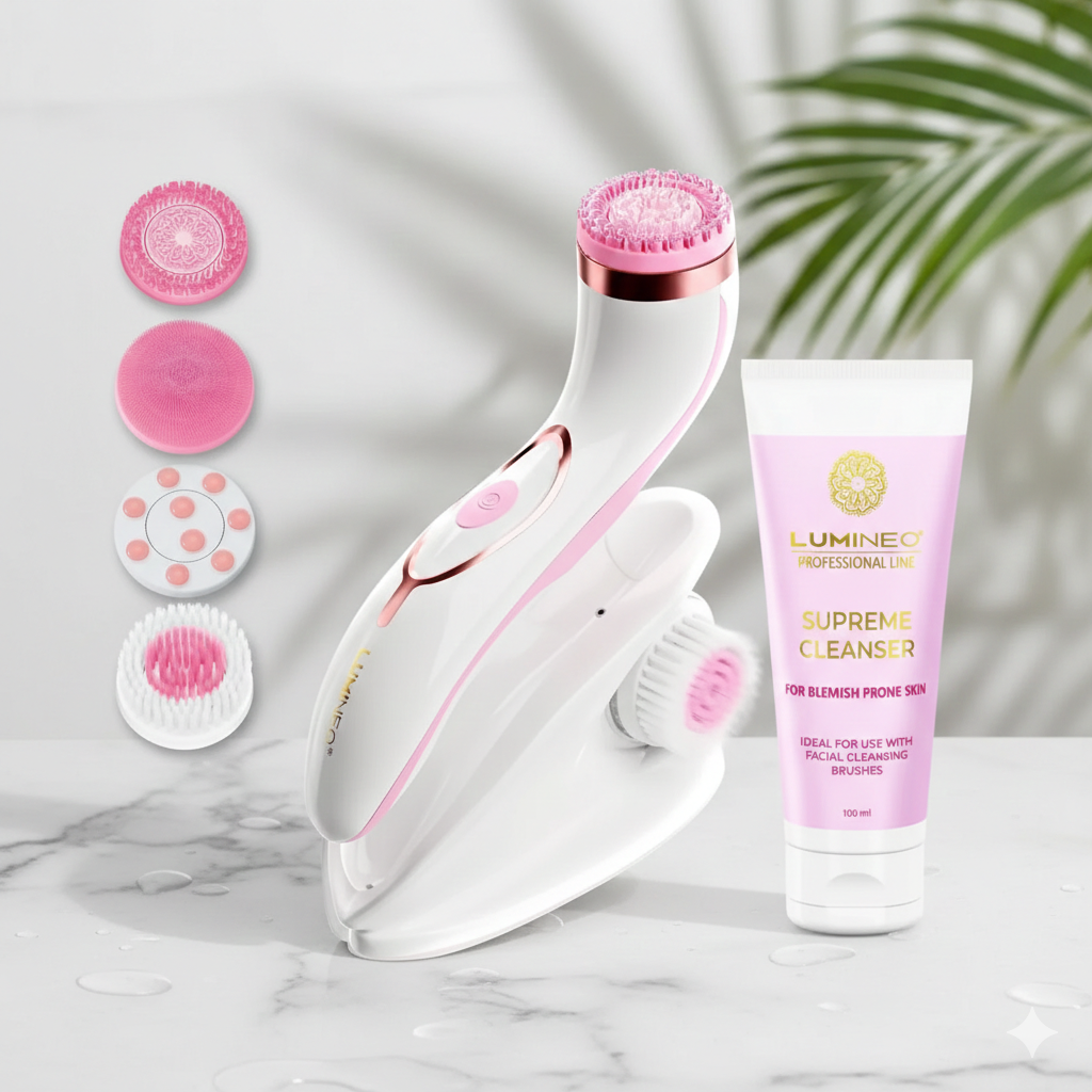 LUMINEO PRO veido šepetėlis rožinis (4 antgaliai) + gelis probleminei odai