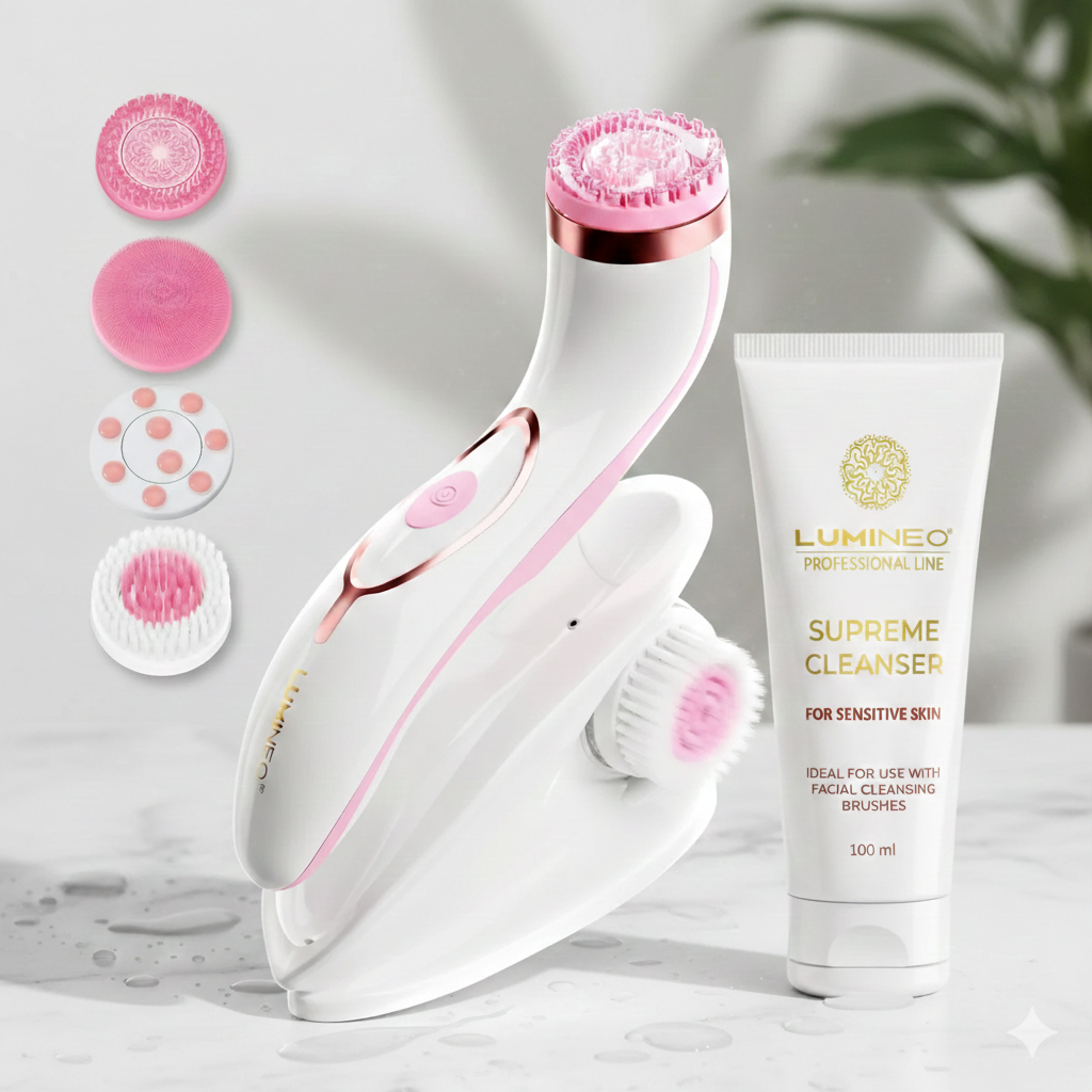 LUMINEO PRO rožinis veido šepetėlis su 4 antgaliais + gelis jautriai odai