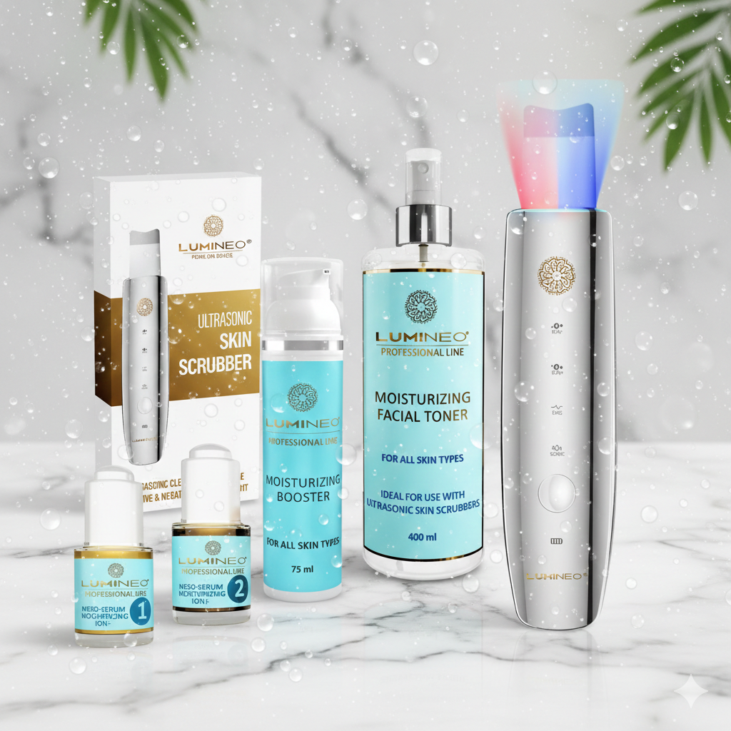 LUMINEO 5in1 kavitacijos pilingo rinkinys MEGA drėkinimui (tonikas, serumas, kremas)