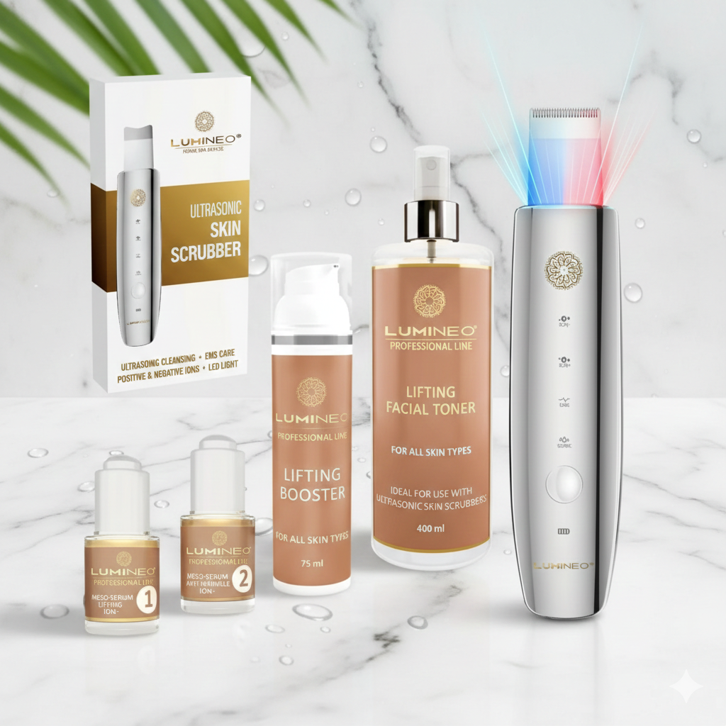 LUMINEO kavitacinis pilingas 5in1 – MEGA rinkinys (tonikas, 2 serumai, kremas)