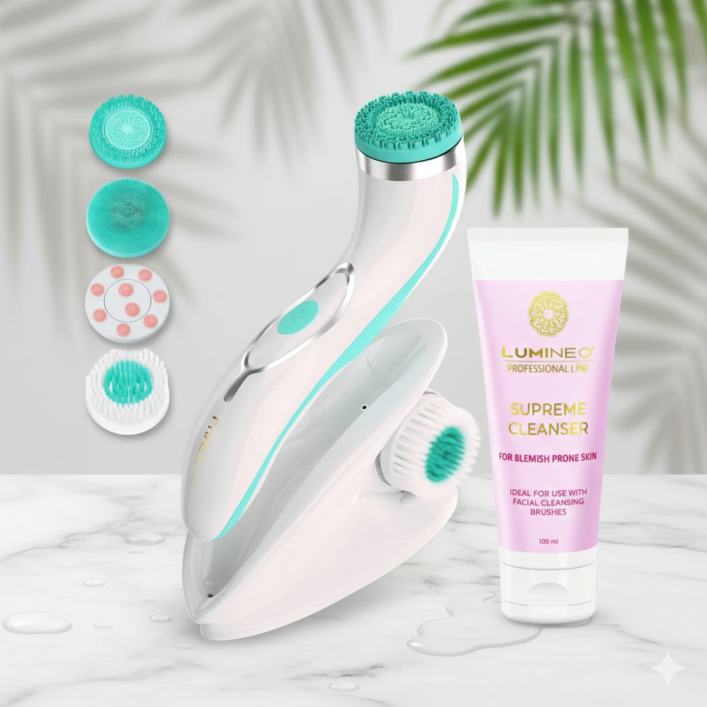 LUMINEO PRO turkio spalvos veido šepetėlis su 4 antgaliais + gelis probleminei odai