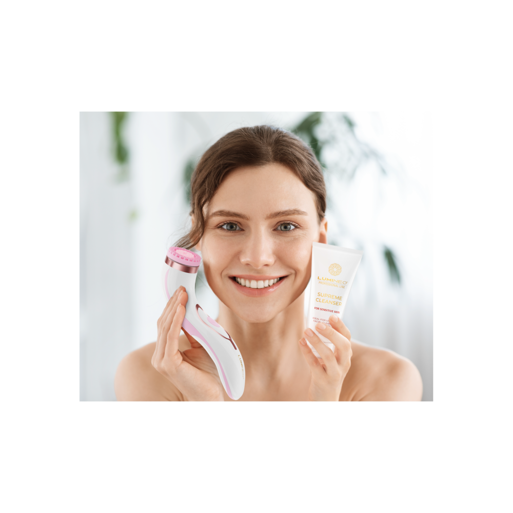 LUMINEO PRO rožinis veido šepetėlis su 4 antgaliais + gelis jautriai odai2