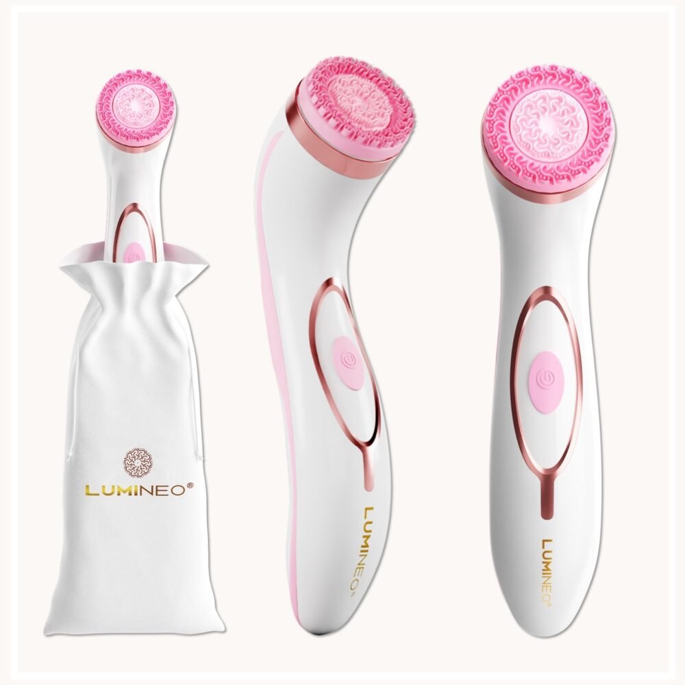 LUMINEO PRO rožinis veido šepetėlis su 4 antgaliais + gelis jautriai odai3
