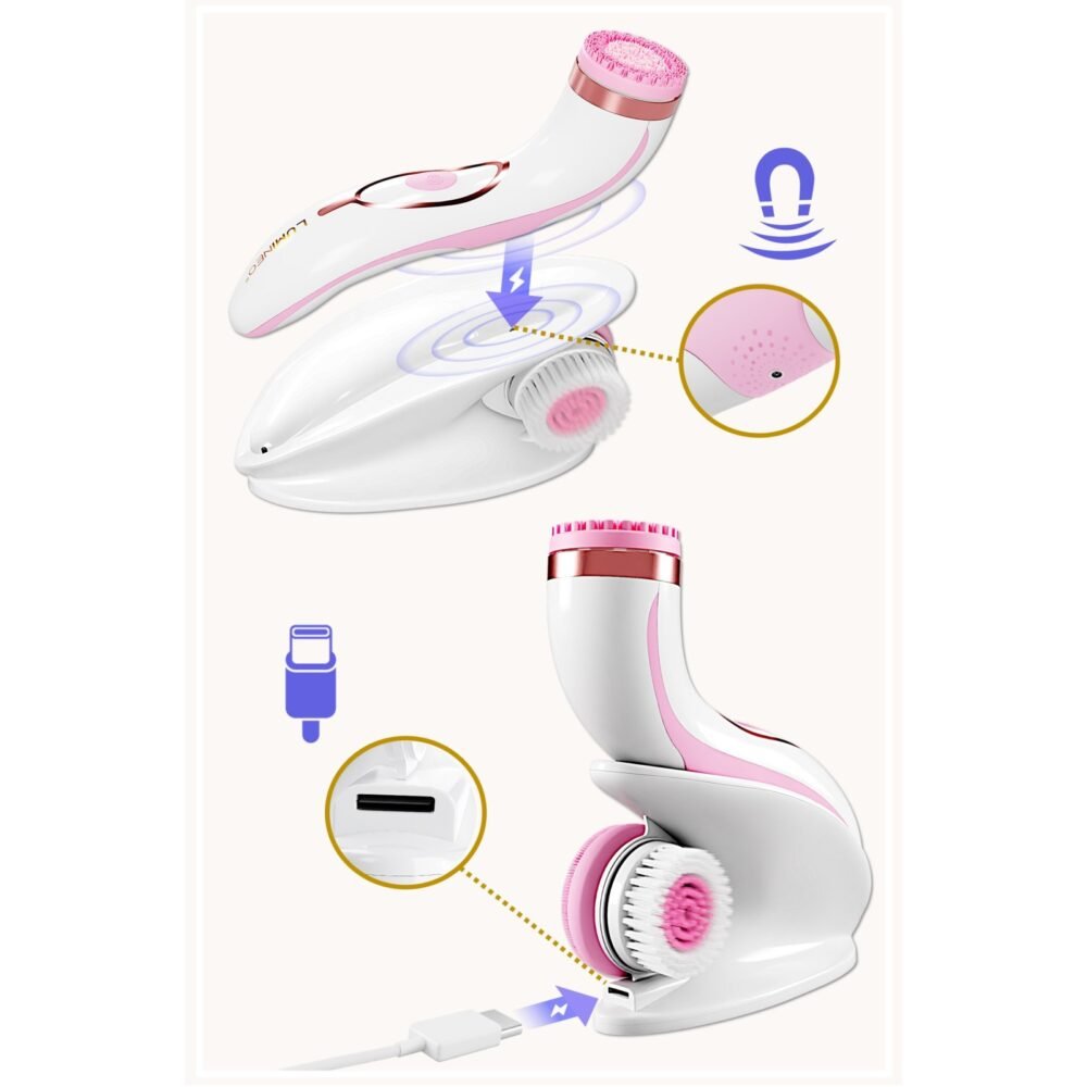 LUMINEO PRO rožinis veido šepetėlis su 4 antgaliais + gelis jautriai odai7