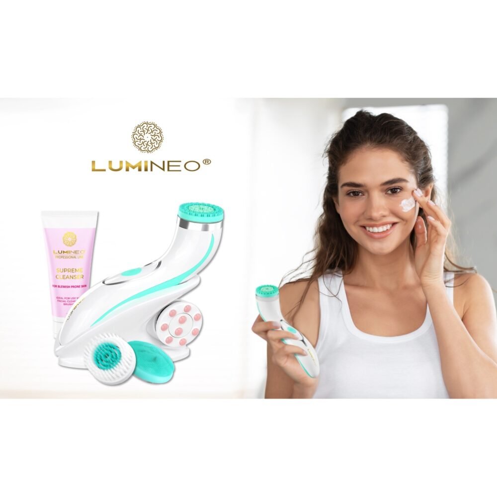 LUMINEO PRO turkio spalvos veido šepetėlis su 4 antgaliais + gelis probleminei odai1