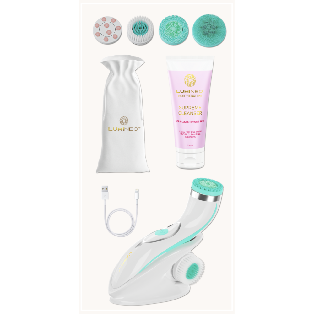 LUMINEO PRO turkio spalvos veido šepetėlis su 4 antgaliais + gelis probleminei odai14