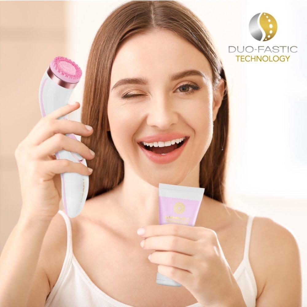 LUMINEO PRO veido šepetėlis rožinis (4 antgaliai) + gelis probleminei odai1