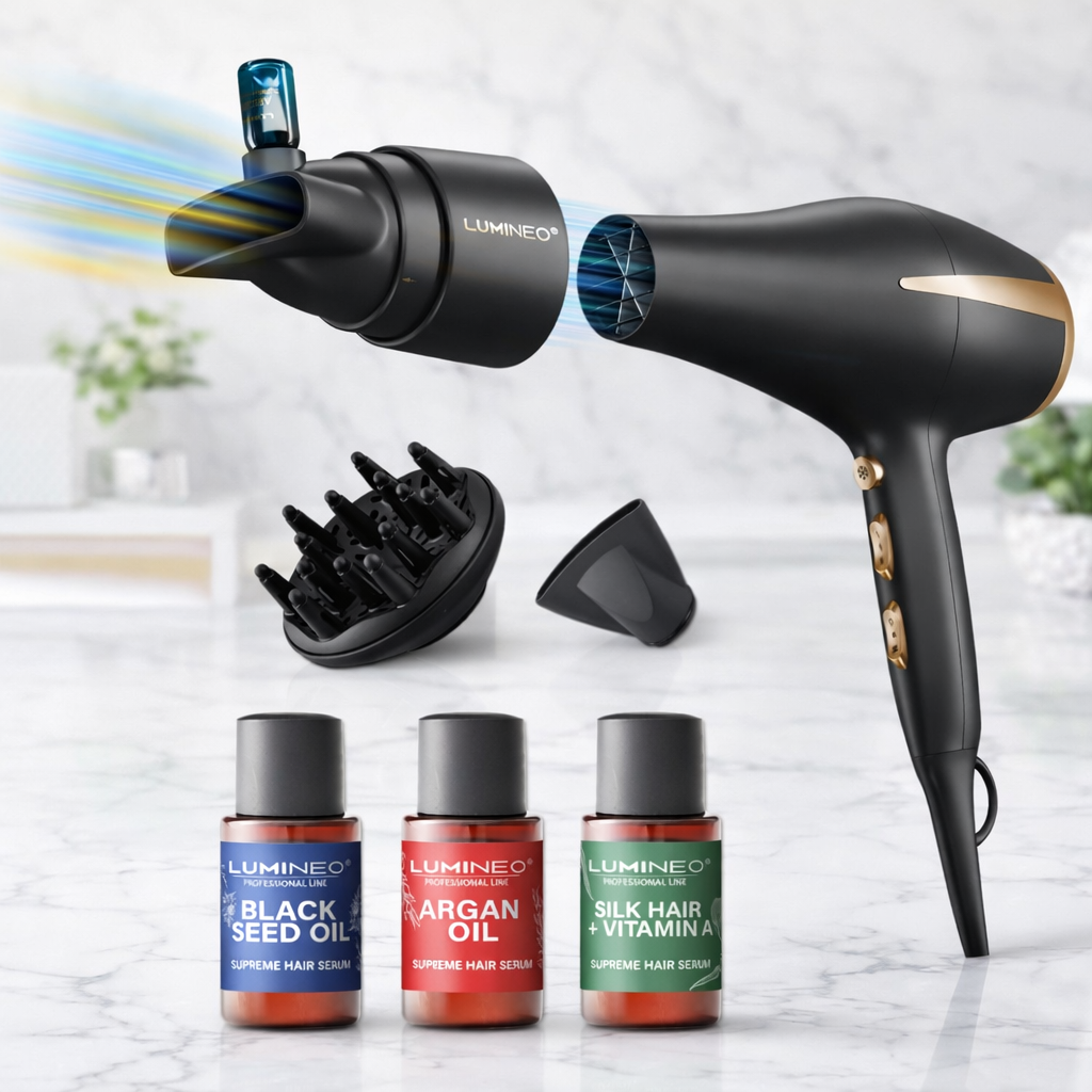 Lumineo SILKEN FLOW plaukų džiovintuvas su serumo rinkiniu