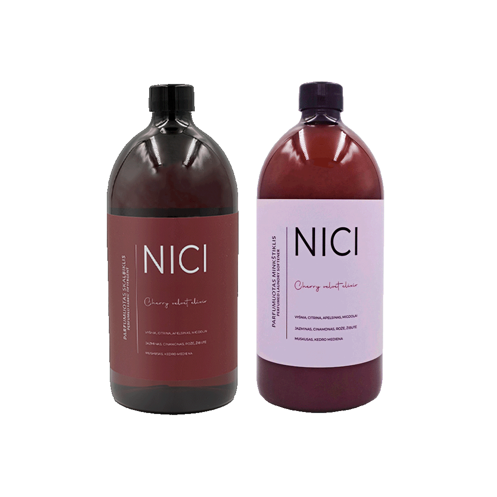 NICI parfumuoto skalbiklio ir minkštiklio rinkinys CHERRY VELVET ELIXIR, 1000 ml + 1000 ml
