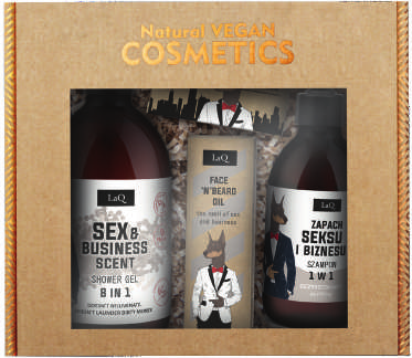 LaQ SEX & BUSINESS dovanų rinkinys: dušo gelis 500 ml + šampūnas 300 ml + veido ir barzdos aliejus 30 ml + muilas 85 g