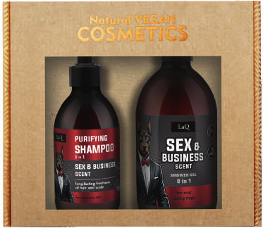 LaQ SEX & BUSINESS dovanų rinkinys: dušo gelis 500 ml + šampūnas 300 ml