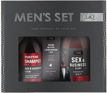 LaQ SEX & BUSINESS dovanų rinkinys: dušo gelis 500 ml + šampūnas 300 ml + veido ir barzdos aliejus 30 ml