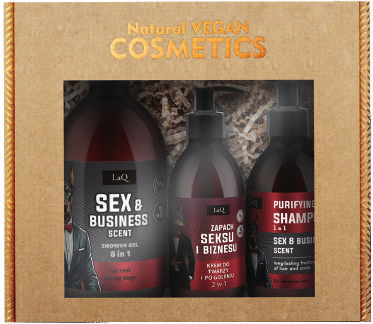 LaQ SEX & BUSINESS dovanų rinkinys: dušo gelis 500 ml + šampūnas 300 ml + veido ir skutimosi kremas 150 ml