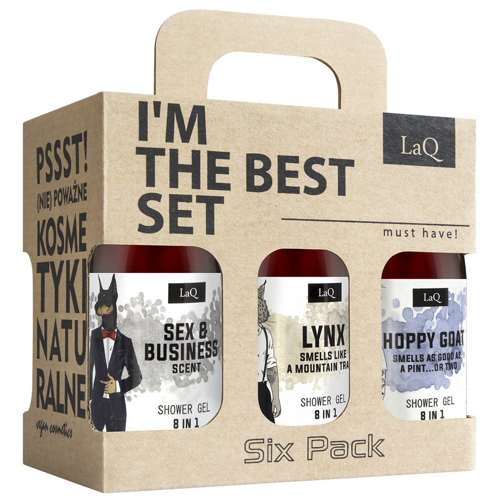 LaQ mini dušo gelių rinkinys vyrams 6 x 100 ml: SEX & BUSINESS, LYNX, HOPPY GOAT